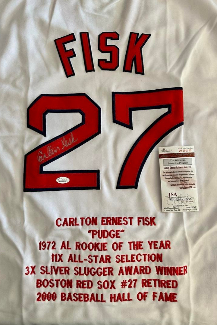 Carlton Fisk Signed Custom Red Sox White Jersey w/Career Stats - JSA COA